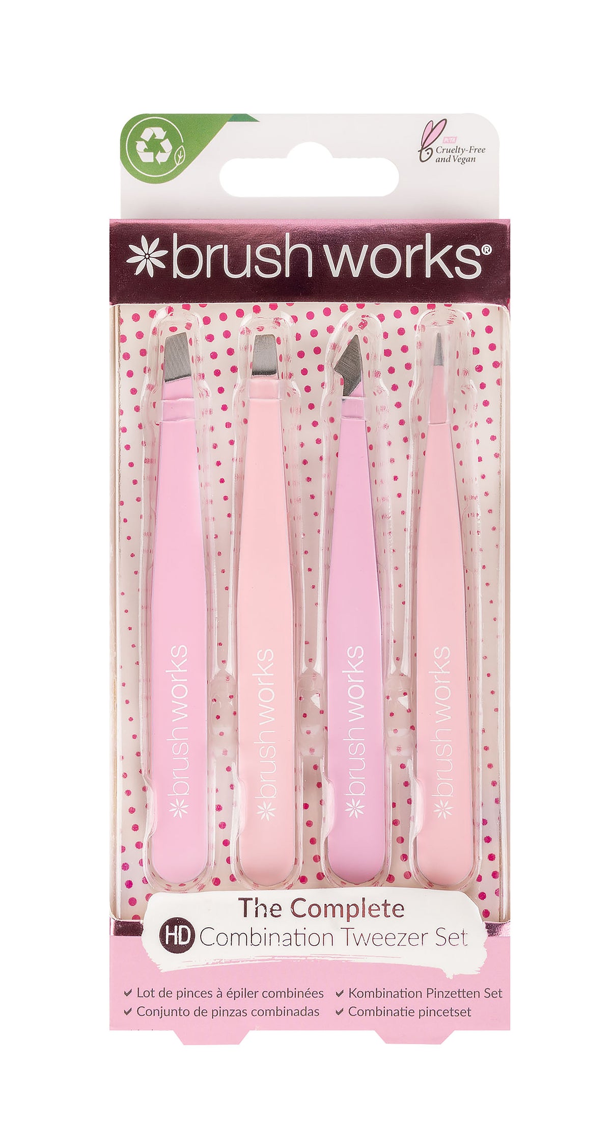 Brushworks HD 4 Piece Combination Tweezer Set - Pink